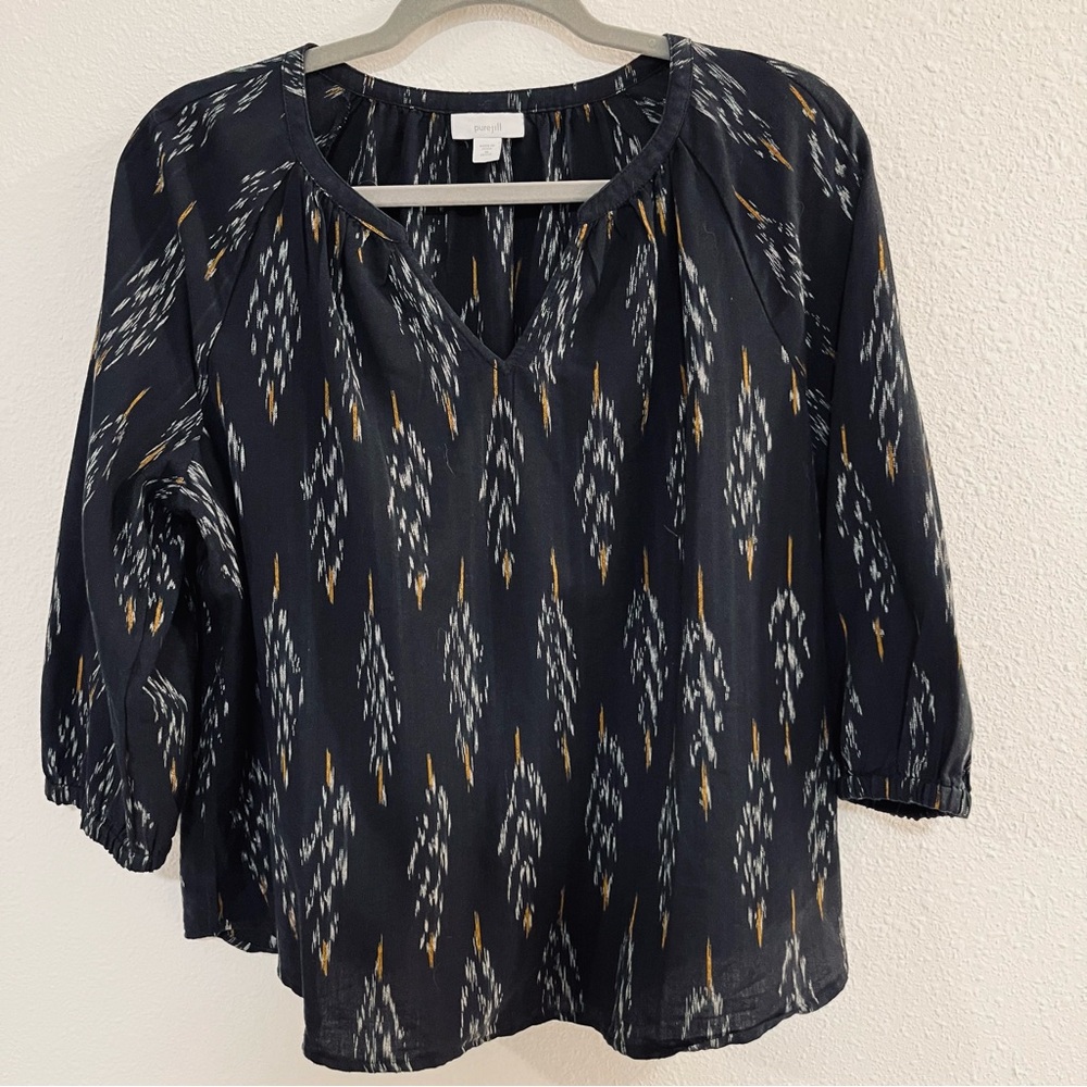 J. Jill cotton blouse. Black geometric pattern. Women’s sz Petite Medium.